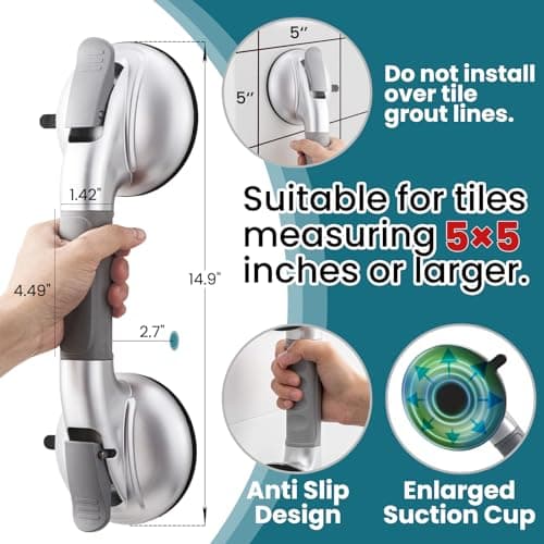 TAILI Grab Bars for Bathtubs and Showers,2 Pack Shower Handles for Elderly Suction,Maximum 330lbs,Shower Bar with Upgraded Rubber Suction Cups,Safety Grip for Senior, No Drilling Removable,Silver