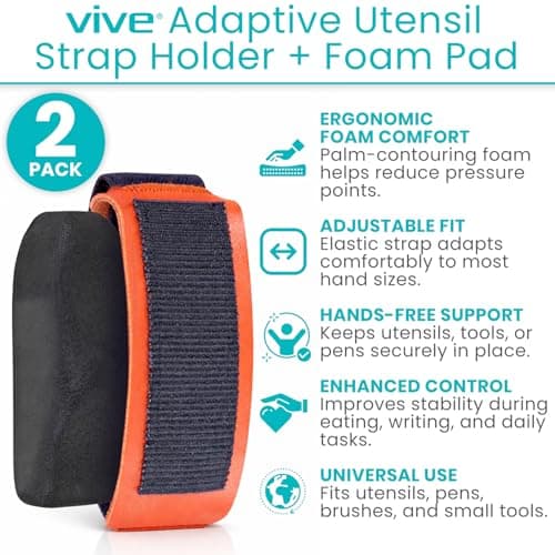 Vive 2 Pack Adaptive Utensil Strap Holder - Adjustable Hand Cuff for Holding Utensils - Parkinsons Aids for Living - Adaptive Equipment for Disabled Adults - Assistive Eating Device for Tremors Foam