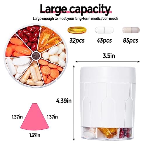 Betife Extra Large Supplement Organizer,Weekly Pill Organizer Bottle, Daily Pill Dispenser with 7 Large Compartments, Organizer to Hold 7 Day Vitamin Medication,21 Labels and a Cleaning Brush（White）