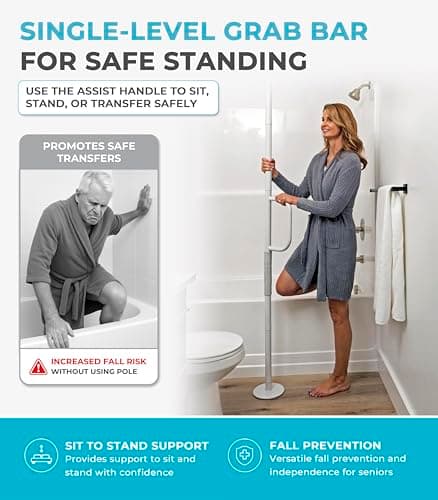 Stander Wonder Pole Lite, Adjustable Floor to Ceiling Safety Grab Bar with Security Support Handle for Fall Prevention, Tension Mounted Transfer-Pole for Adults, Seniors, and Elderly, White