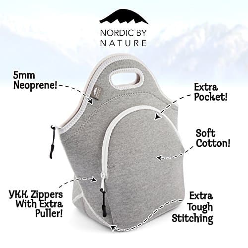 Insulated Large Neoprene Lunch Bag For Women, Men & Kids | Extra Pocket | 5 mm Insulation | 13.5” Big | Washable | Soft Designer Cotton | Best YKK Zipper In The World | LightGrey Lunch Box