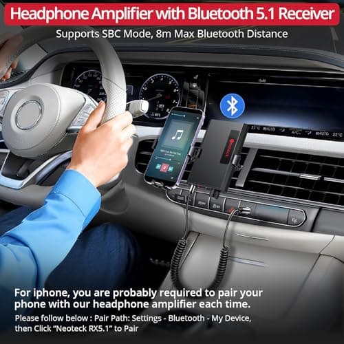 Neoteck Portable 3.5mm Headphone Amplifier with Bluetooth 5.0 Receiver, Two-Stage Gain Switch, 16-300 Ohm HiFi Earphone Amp, Aluminum Matte Surface