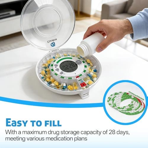 28-Day Automatic Pill Dispenser with Alarm & Light Alerts, Clear LCD Display, Key Lock, Smart Medication Organizer for Seniors, Alzheimer’s Care, for Multiple Vitamins, Supplements or Prescriptions