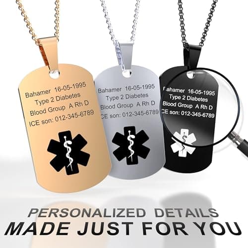 Personalized Medical Alert Necklace for Men & Women - Custom Engraved Stainless Steel Pendant for Allergies & Emergency Contacts - Silver