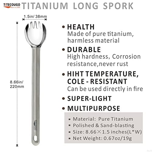 TITECOUGO Titanium Spork, Camping Long Spork Titanium Multitool Lightweight Camp Outdoors Hiking Travel Convenient Picnic Spoon Fork for Men Women Portable Flatware 1 pack