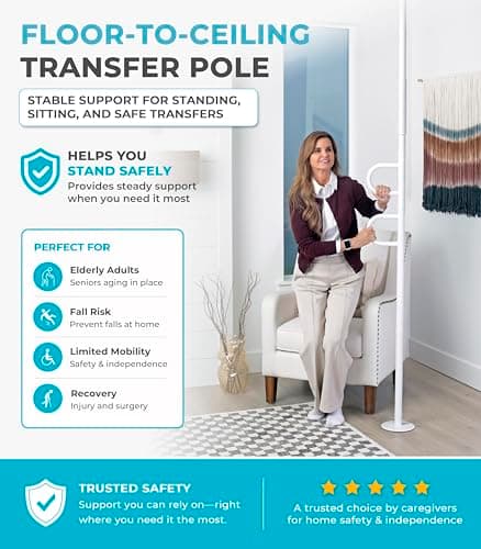 Stander Double Handle Floor to Ceiling Grab Bar, Tension Mounted Transfer Pole for Seniors, Stand Assist Aid for Bathroom, Bedroom, Living Room, Safety Rail for Fall Prevention, White