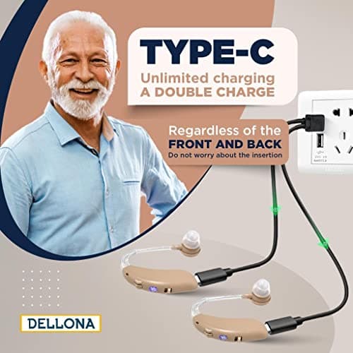 DELLONA High-Performance Hearing Aids for Seniors, OTC Rechargeable Hearing Aid for People with Severe Hearing Loss with Intelligent Noise Reduction (Pair), 4 Modes - Comfortable Hearing Aid devices for elderly, Over The Counter Hearing Aids (Beige Type-C)