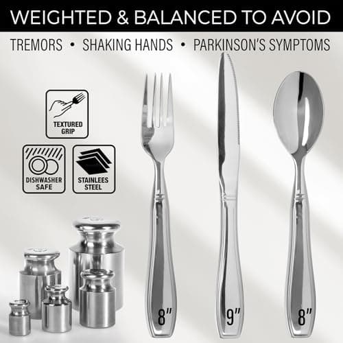 Weighted Utensils for Hand Tremors and Parkinson's Patients - 3 Piece Set Weighted Silverware for Elderly, Arthritis, Weak Hand Grip - Convenient Travel Bag, Stainless Steel, 7 Oz