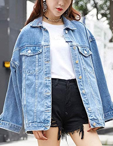 Omoone Women's Oversized Mid Long Denim Jacket Jean Biker Coat(0199-Denim Blue-M)