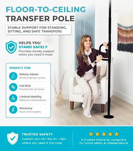 Stander Wonder Pole, Security-Pole and Curve Grab Bar, Tension Mounted Floor to Ceiling Transfer-Pole for Seniors, Elderly Adults, Bathroom Safety Assist and Stability Rail, Black