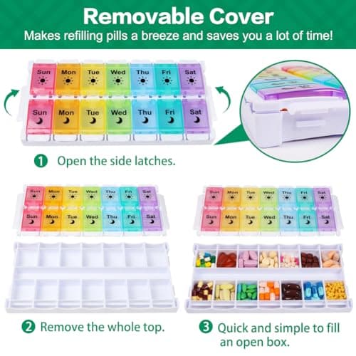 Shintop Am Pm Pill Organizer 7 Day, Push Button Weekly Pill Box 2 Times a Day Easy Fill Pill Holder Day Night Vitamin Case for Medications Fish Oil Supplements (Rainbow)