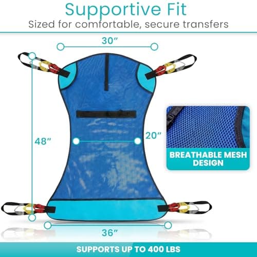 Vive Patient Lift Sling - Full Body Mesh Transfer Sling for Showering & Home Use - Hoyer Lift Pad for Elderly, Disabled, Bariatric - Patient Transfer Assist Device Blanket for Bed Positioning, Lifting