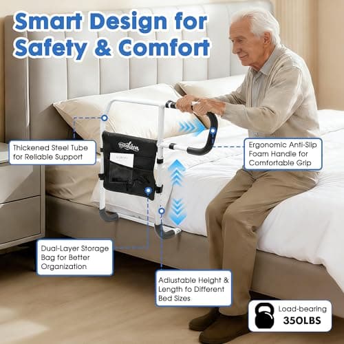 goodleben Bed Rails for Elderly Adults, Adjustable Bed Assist Rails for Seniors with Non-Slip Handle & Storage Pocket, Bed Assist Bar Supports up to 350 Lbs, Fits Twin/Full/Queen/King Beds