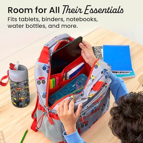 Bentgo Kids Backpack - Lightweight 14” Backpack in Fun Prints for School, Travel, & Daycare, Ideal for Ages 4+, Roomy Interior, Durable & Water-Resistant Fabric, & Loop for Lunch Bag (Trucks)