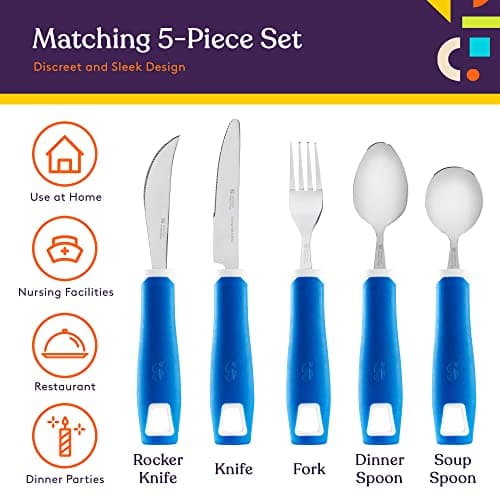 Special Supplies Adaptive Utensils 5-Piece Set Non-Weighted, Non-Slip Handles for Hand Tremors, Arthritis, Parkinson’s or Elderly Use - Stainless Steel Knife, Rocker Knife, Fork, Spoons - Blue