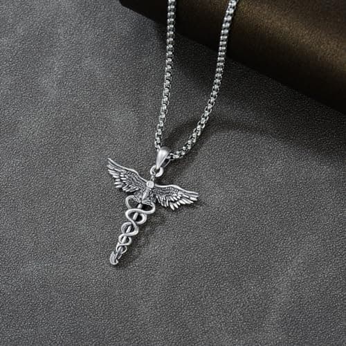 MEIDERBO Caduceus Necklace for Men 925 Sterling Silver Phoenix Pendant Doctor Nurse Medical Jewelry for Father’s Day Birthday