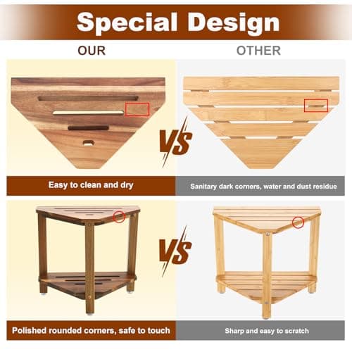 IBosins Corner Shower Stool with Storage Shelf Shower Foot Rest for Shaving Legs Small Bench for Inside Shower to Sit on Bath Seat - Acacia Wood