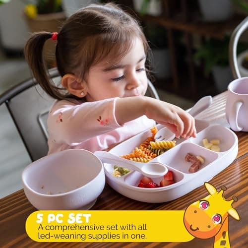 Baby Dinnerware Set by Muqee Peeko in a Sweet Lilac Color including Sets with Suction - Food Grade Silicone (5 Piece Set)