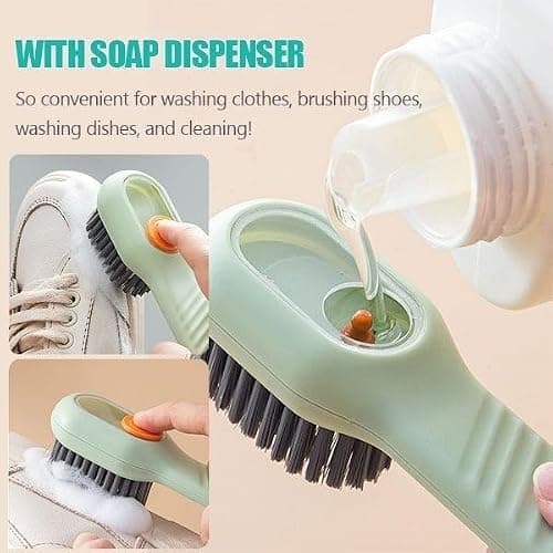 2-in-1 Cleaning Brush with Built-in Soap Dispenser, Multi-Functional Scrub Brush for Clothes, Shoes, Bathroom & Kitchen - Soft Bristles for Home Cleaning, Green (1)