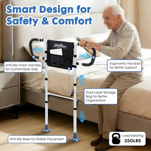 goodleben Bed Rails for Elderly Adults Safety, Bed Assist Rails for Seniors with Non-Slip Ergonomic Handle, Floor Support & Storage Pocket, Adjustable Bed Rail Fits Twin, Full, Queen & King Beds