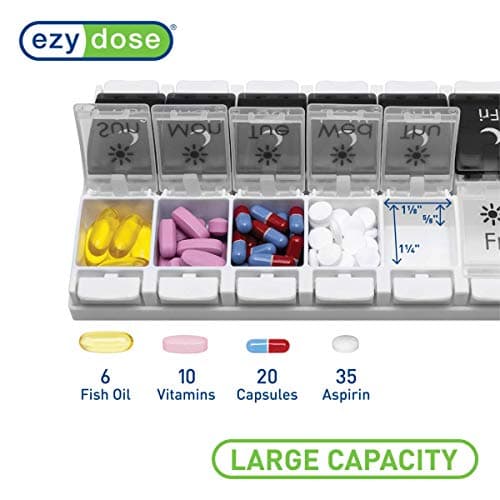 EZY DOSE Push Button (7-Day) Pill Case, Medicine Planner, Vitamin Organizer, 2 Times a Day AM/PM, Removable Trays, Large Compartments, Arthritis Friendly, Spring Open Black and White Lids, BPA Free