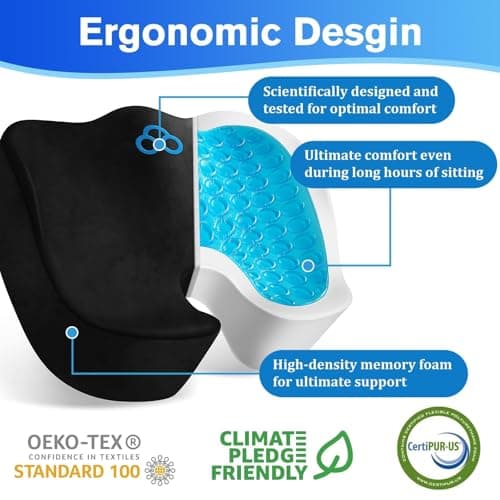 CushyOasis Seat Cushion, Gel Chair Cushions, Office Chair Cushions, Anti-Slip Bottom & Removable Cover Tailbone Pain Relief Cushion, Memory Foam Seat Cushion for Office, Wheelchair, Car (Black)