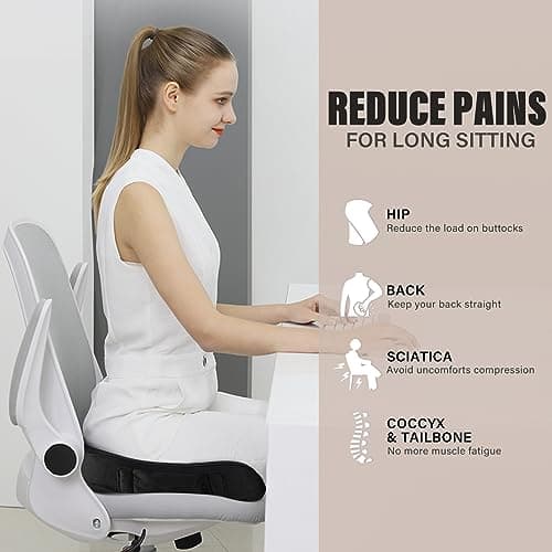 WAOAW Seat Cushion, Office Chair Cushions Butt Pillow for Car Long Sitting, Memory Foam Chair Pad for Back, Coccyx, Tailbone Pain Relief, Stocking Stuffers Gifts for Men Women (Black)