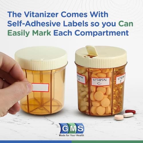 GMS Group Medical Supply, LLC Vitanizer Vitamin & Pill Organizer - 6 Compartment Case with Easy Turn Lid Dispenser - Fits All Size Tablets & Supplements - Sturdy, Safe, UV Protective Plastic