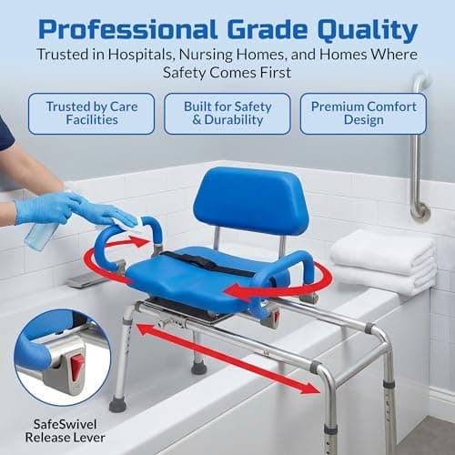 Platinum Health Carousel Sliding Shower Chair Tub Transfer Bench with Swivel Seat, Premium Padded, Pivoting Arms, Adjustable Space Saving Design for Tubs, Inside Shower, for Handicap & Seniors, Blue