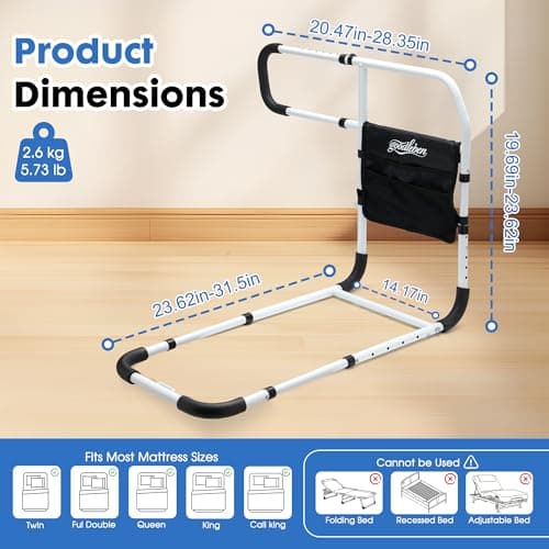 goodleben Bed Rails for Elderly Adults, Adjustable Bed Assist Rails for Seniors with Non-Slip Handle & Storage Pocket, Bed Assist Bar Supports up to 350 Lbs, Fits Twin/Full/Queen/King Beds