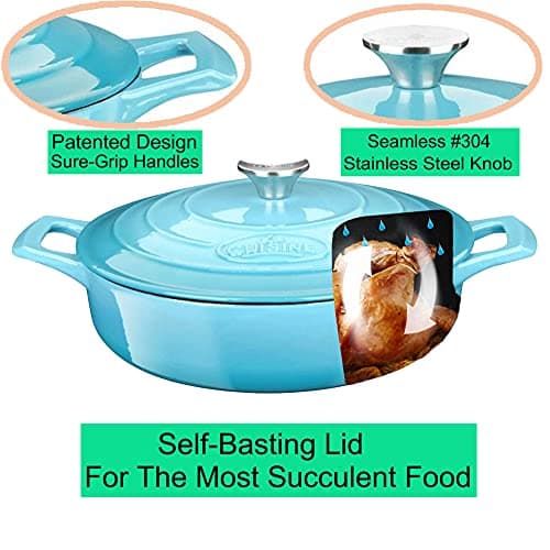 La Cuisine Enameled Cast Iron Braiser Sauté Pan Shallow Dutch Oven with Lid, 3.75 QT 11" / 28cm Dia. Internal Matt Black Enamel Coating, Teal, Oven Safe Up to 500° F, Induction Cooktop Compatible