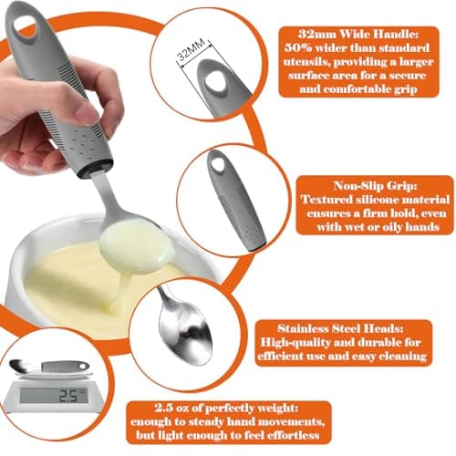 Adaptive Utensils with Adult Bibs for Women - 4pcs Weighted Utensils Set (2.5oz Each) for Hand Tremors, Elderly, Parkinson's, Arthritis - Non-Slip Easy Grip Handles for Independent Eating