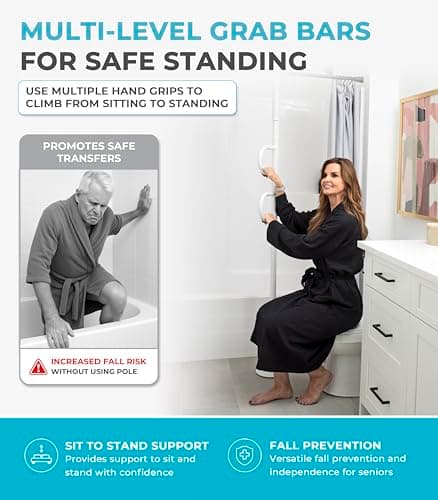 Stander Double Handle Floor to Ceiling Grab Bar, Tension Mounted Transfer Pole for Seniors, Stand Assist Aid for Bathroom, Bedroom, Living Room, Safety Rail for Fall Prevention, White