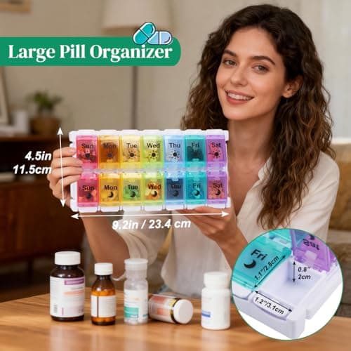 Shintop Am Pm Pill Organizer 7 Day, Push Button Weekly Pill Box 2 Times a Day Easy Fill Pill Holder Day Night Vitamin Case for Medications Fish Oil Supplements (Rainbow)