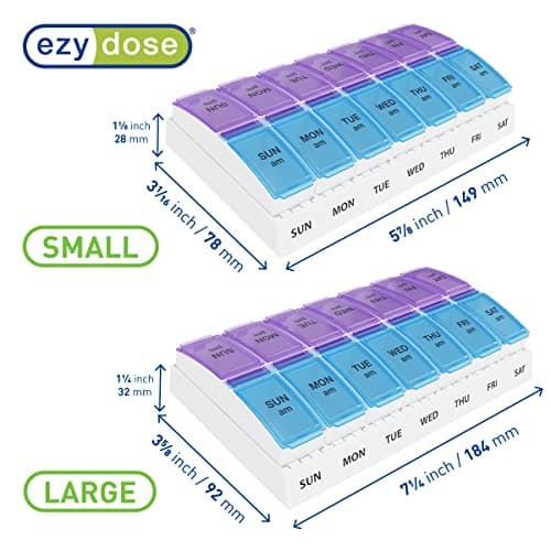 EZY DOSE Weekly AM/PM Pill Organizer, 7-Day Vitamin Container and Daily Medication Box with Large Pop-Out Compartments, 2 Times a Day Pill Holder, Blue and Purple Lids, Travel-Friendly Design