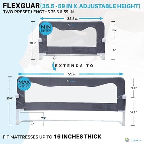 TotCraft Flexguard Adjustable Length & Height Bed Rail for Toddlers – Fits Twin, Full, Queen & King Beds – 35.5″ or 59″ Two Fixed Lengths – 14 Height Levels – ASTM Certified Bed Rail for Baby (Grey)