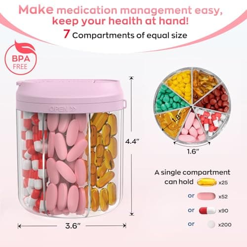 Hionxmga Pill Dispenser with 7 Large Compartments, Pill Organizer for Travel with Anti-Mixing Design, BPA-Free Pill Container with 20 Pcs Labels, Pink