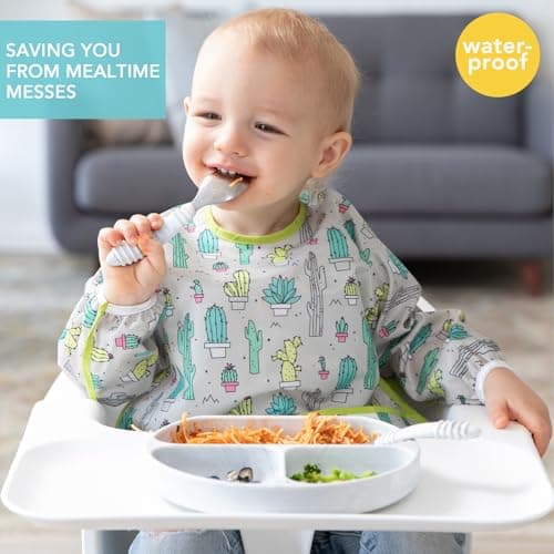 Bumkins Sleeved Bib for Girl or Boy, Baby and Toddler for 6-24 Mos, Essential Must Have for Eating, Feeding, Baby Led Weaning Supplies, Long Sleeve Mess Saving Food Catcher, Soft Fabric, Cactus Green