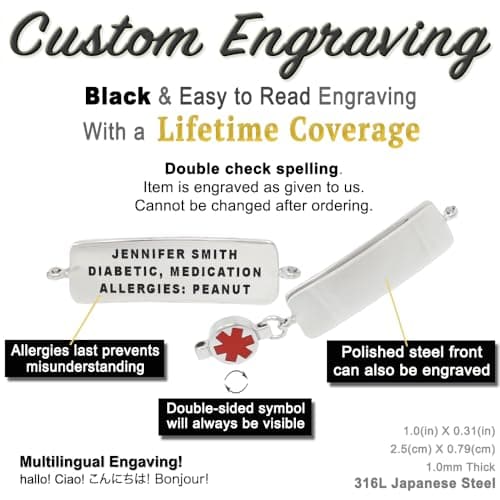 My Identity Doctor Custom Engraved Embrace Medical ID Bracelets for Women, Lightweight Bright 316L Stainless Steel, Waterproof, Engraving Lifetime Coverage - Artisan Collection USA