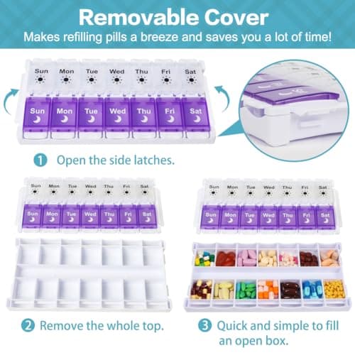 Shintop Am Pm Pill Organizer 7 Day, Push Button Weekly Pill Box 2 Times Removable Lid Medication Case Easy Fill Day Night Vitamin Container for Fish Oil Supplements (Purple & White)