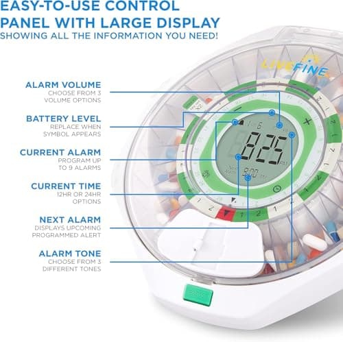 Live Fine 28-Day Automatic Pill Dispenser Clear Lid with Upgraded LCD Display and Key Lock, Sound & Light for Prescriptions, Medication, Vitamins, Supplements & More