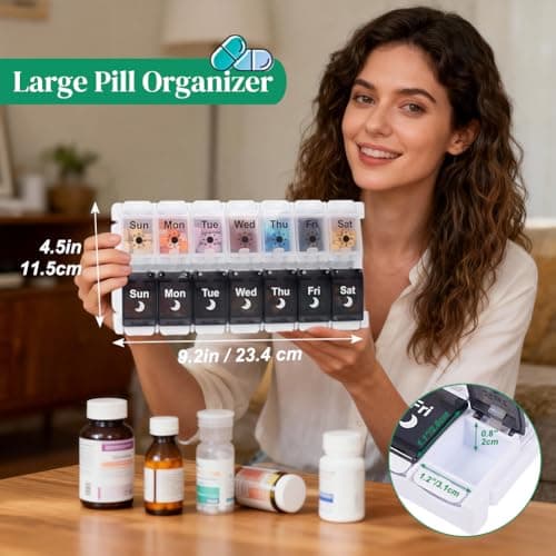 Shintop Pill Organizer 2 Times a Day, Easy Fill Weekly Pill Box Am Pm Push Button Pill Container 7 Day Medicine Organizer for Vitamins Supplements （Black&White）