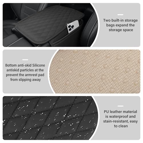 Amiss Car Center Console Cover, Upgraded Leather Car Armrest Cushion with 2 Storage Pockets, Universal Waterproof Cushion Pad, Non-Slip Car Interior Accessories, Fits Most Sedans SUVs Trucks (Black)