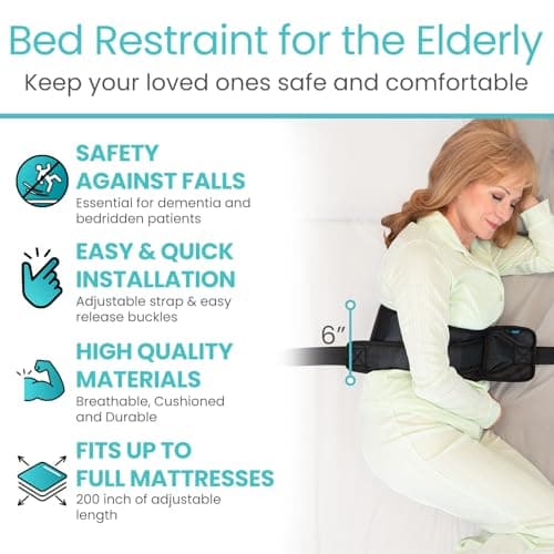 Vive Bed Restraints for Elderly Dementia Patients - Safety Belt for Wheelchair & Bed - Fall Prevention Device for Seniors - Adjustable Strap and Cushioned Waist Belt for Hospital Caregivers