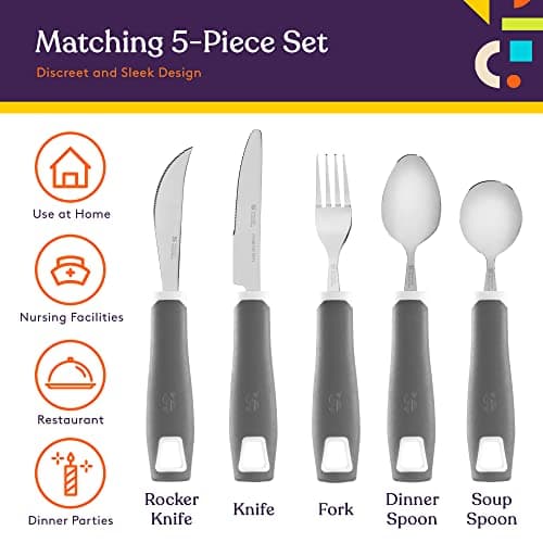 Special Supplies Adaptive Utensils 5-Piece Set Non-Weighted, Non-Slip Handles for Hand Tremors, Arthritis, Parkinson’s or Elderly Use - Stainless Steel Knife, Rocker Knife, Fork, Spoons (Grey)