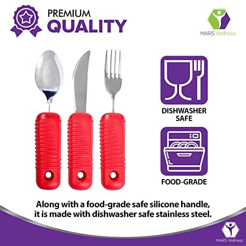3 Piece Super Easy Grip Red Flatware Set - Bendable Built Up Large Fork, Knife, and Spoon - Red