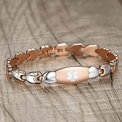 LinnaLove Double Heart Medical alert Bracelet for Women 7 1/2 inches Rose gold Medical alert bracelets for Type 2 Diabetes