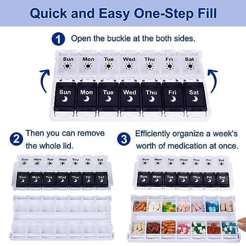 HRX Package Pill Organizer 2 Times a Day, Easy Fill & Open Weekly Medicine Box Vitamin Cases for 7 Day AM PM