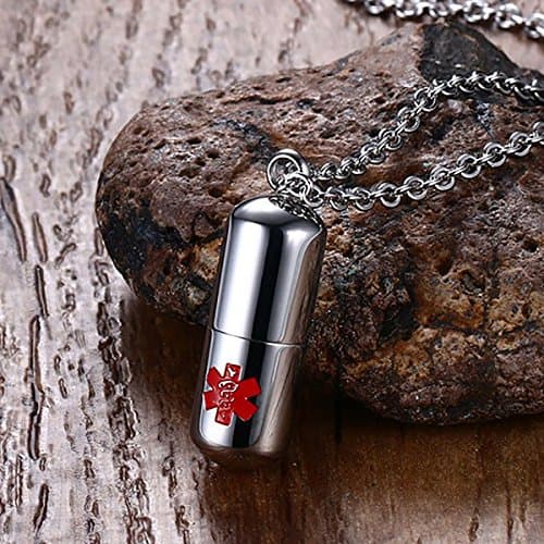 Flongo Fashion Pill Case Capsule Pendant Necklace Stainless Steel Mens Womens, 20 inch Chain, Cross Medicine Keepsake Pendant Necklace (Medical Alert Pill)