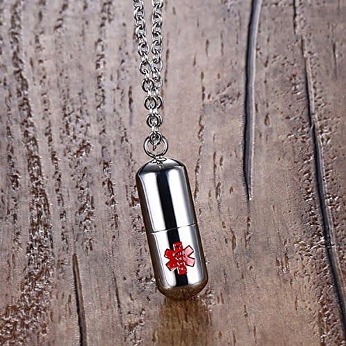 Flongo Fashion Pill Case Capsule Pendant Necklace Stainless Steel Mens Womens, 20 inch Chain, Cross Medicine Keepsake Pendant Necklace (Medical Alert Pill)